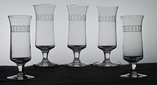ANTIQUE Set of 5 Needle Etched Double Guilloche Crystal Cordial Parfait Glasses picture