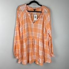 Torrid Ester Peasant Blouse Size 2X Blush Plaid Popover Tunic Tie Waist picture