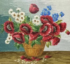 Vtg MCM Framed Wall Art Floral NeedlePoint Xl 25”x42” OOAK Cottage Flowers Decor picture