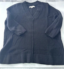 LOFT Black Rib-Knit V-Neck 3/4 Sleeve Pullover Sweater Womens Size 16 picture