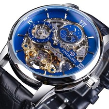 Forsining Mens Skeleton Mechanical Watch Blue Dial Moon Phase Hollow Leather Str picture