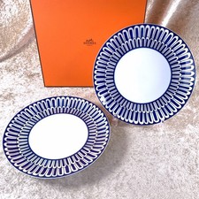Hermes Paris Dessert Plate Bleus d'Ailleurs Blue Porcelain Set of 2 with Case picture