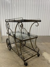 Vintage Fitz Bar Cart Metal Glass 3 Tier Rolling Serving Cart Hollywood Regency picture