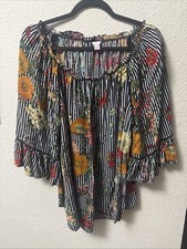 Cato 18/20 Women’s Floral Bell Sleeve Black And White Striped Blouse picture