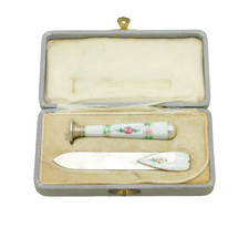 20th Century Boxed .935 Silver & Enamel Bookmark & Seal Set Antique c1920s picture