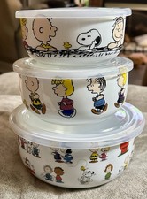 Peanuts Gang Snoopy C Brown Linus Ceramic Food Storage Bowl 6 Pc Set Vented Lids picture