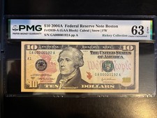 DBR 2004-A $10 FRN Boston Fr. 2039-A PMG 63 EPQ Low Serial GA00000192A picture