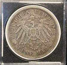 *VERY RARE 224k* 1892-A VF-XF German States Prussia 5 Marks Willhelm II .900 picture