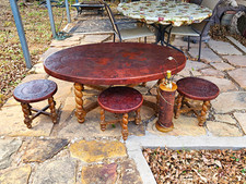 **Rare Vintage Peruvian Hand-tooled Leather/Wood Table with 3 Stools Set picture