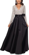 Xscape Black Nude Silver Long Sleeve Sequin Ballgown Size 8 $278 * picture