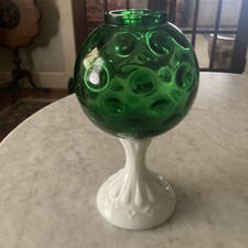 Rare Vintage 1950s Fenton Emerald Green Coin Dot Optic Ivy Ball Vase Milk Glass picture