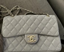 CHANEL Gray Quilted Logo Flap Shoulder Bag Gold Chain Strap Snap Closure picture
