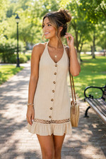 SHEIN Size XL Beige Textured Halter Mini Dress Button Front Lace Hem Boho NWOT picture