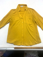 Express Portofino Women’s M Yellow Solid Collared Long Sleeve Button-Up Pockets picture
