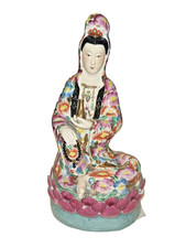 Lovely Chinese Gilt with Famille Rose Porcelain Guanyin Statue 13” Tall Vintage picture