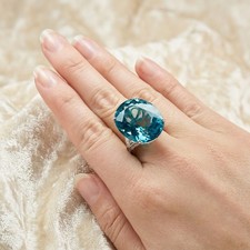Glamorous Sea Blue Aquamarine Oval 24.10Ct 925 Sterling Silver Handmade Ring picture