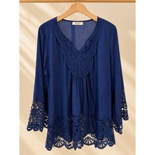 SoTeer Navy Blue Boho Lace Trim Tunic Blouse Size S picture