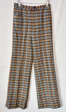 VTG 60s MOD GORDON GOLD BROWN WOOL HERRINGBONE TWEED PLAID BELL BOTTOM PANT*XS/S picture