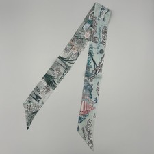 Hermes City of Light Twilly Silk Scarf Blue Green Paris Ribbon picture