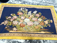 Floral Tapestry Wall Hanging, Blue Border Fringed, Vertical Decorative picture