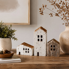 Primitives by Kathy Rustic Wood Houses Sitter Set of 3 Beach Coastal Figurine picture