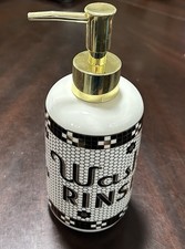 Anthropoligie Bistro Tile Soap Dispenser Black White Gold Mosaic Stoneware NEW picture