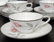 Noritake Rosemarie Tea Cups + Saucer Fine China Japan Set Twelve Silver Trim EUC picture