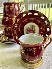 Ohashi Japan China Tea Cup Saucer Set 8pc Burgundy Maroon Gold Courting Couple picture