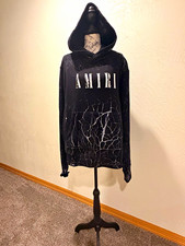 AMIRI Black Pullover Hoodie White Crackle Logo Graphic Print Pockets XL picture