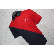 Nautica Polo Golf Shirt Mens Large Red Navy Colorblock NavTech Wicking Polyester picture
