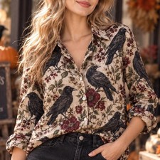 Raven Floral Women Blouse Shirt Botanical Bird Button Up Cottagecore DUTY PAID picture