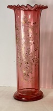 19thC  Moser Cylinder Style Blown Cranberry Glass Vase Enamel Gold Gilded 12” picture