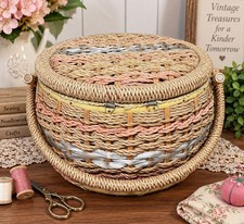 Vintage 1960s Norleans Japan Woven Sewing Basket Round Satin Lined Pink Silver picture