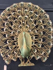 Rare 1960s MCM Burwood Peacock wall decor 30x34” Standout  Green Gold picture