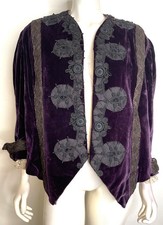 Antique Purple Velvet Victorian Jacket S M Ribbon Lace Trim Edwardian Silk picture