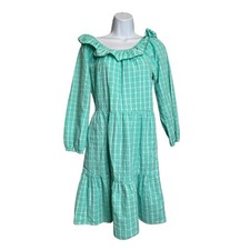 J Crew Women's Green Seersucker Ruffle Neck Mini Dress Size 2 Cottagecore Fairy picture