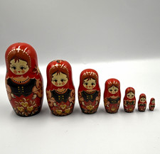 Vintage Russian Nesting Dolls Matryoshka 7 Piece Set Red Gold Floral 5 Inch picture
