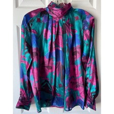 Vintage Tess Blouse Womens 4 Floral Pleated Modest High Neck Button Floral Satin picture