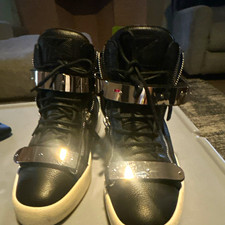 Men's Black High Top Sneakers Lace-Up Side Zip Silver Buckle Strap White Sole picture