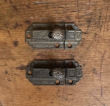 #2141–TWO MATCHING Antique Cast Iron Late 1800s Eastlake Cupboard Latches Comple picture