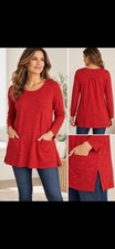 J.Jill Women’s M Red Cotton Slub Knit Tunic Top Long Sleeve Pockets Boho Casual picture