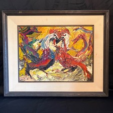 Paul Blaine Henrie Foul Play Original Oil Painting Roosters 1965 Mid Century Art picture