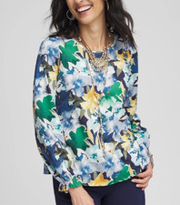 Chico's Leaves Floral Print Crew Neck Long Sleeve Top 3 / XL  Ruffled Cuffs NWT picture