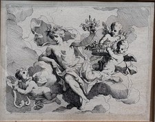 Antique 18th Century Engraving Flora Goddess Cherubs Putti Flowers c.1750 picture
