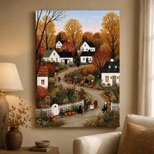 Folk Art Autumn Country Village Framed Canvas Art Pumpkin Farm Landscape Gift picture