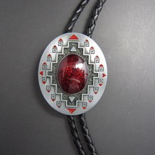 Western American Southwest Pattern Red Oval Cowboy Rodeo Bolo Tie picture