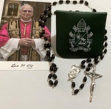 Rare Official Black Beads Pearl Rosary Green Leather Case Pope Leo XIV Prevost picture