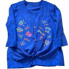 Vintage 80s 90s Strictly Silk Blue Embroidered Blouse Medium Colorful Geometric picture