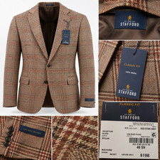 Stafford Men's 44R 46S Classic Fit 100% Wool Sport Coat Tan Rust Plaid NWT picture