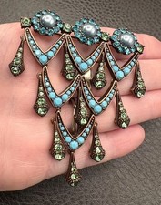 VTG Joan Rivers Faux Turquoise Faux Pearl Crystal Chandelier Brooch Copper Tone picture